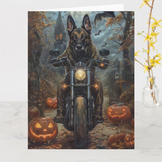 Belgian Shepherd Riding Motorcycle Halloween Scary Card (Yellow Flower)