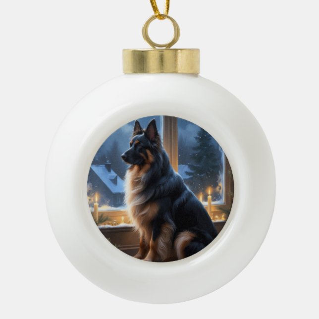 Belgian Shepherd With Christmas Lights Holiday Ceramic Ball Christmas Ornament (Front)