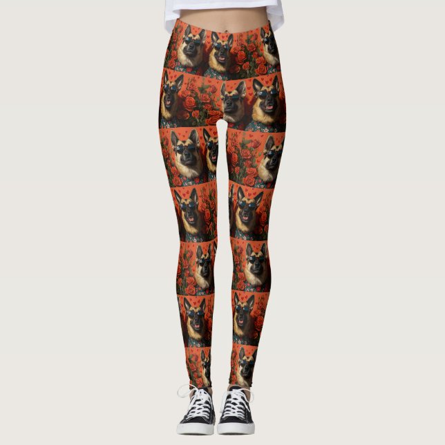 Belgian Shepherd With Heart Roses Valentine's Day Leggings (Front)