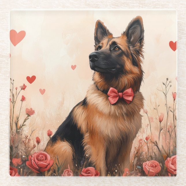 Belgian Shepherd with Roses - Valentine's Day Glass Coaster (Front)