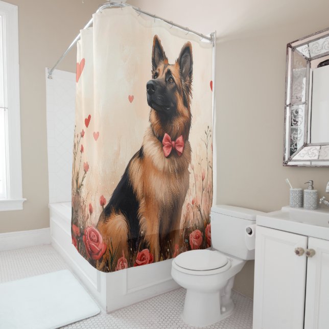 Belgian Shepherd with Roses - Valentine's Day Shower Curtain (In Situ)