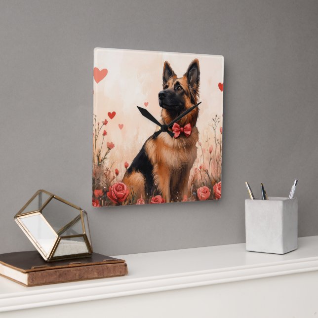 Belgian Shepherd with Roses - Valentine's Day Square Wall Clock (Office)