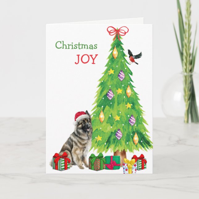 Belgian Tervuren Dog, Bird and Christmas Tree Holiday Card (Front)