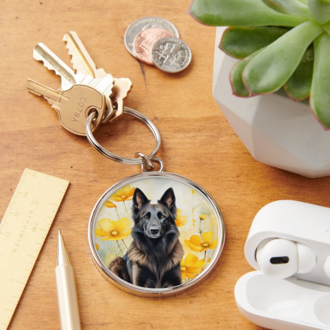 Belgian Tervuren Dog Lover and Poppies Key Ring (Desk)