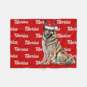 Belgian Tervuren on Red with Name Christmas Dog Fleece Blanket