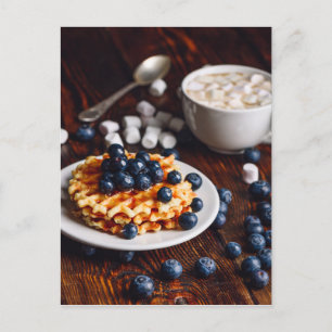 Belgian waffles with blueberry and hot chocolate postcard