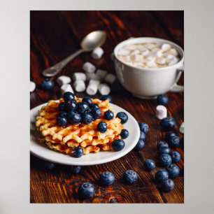 Belgian waffles with blueberry and hot chocolate poster