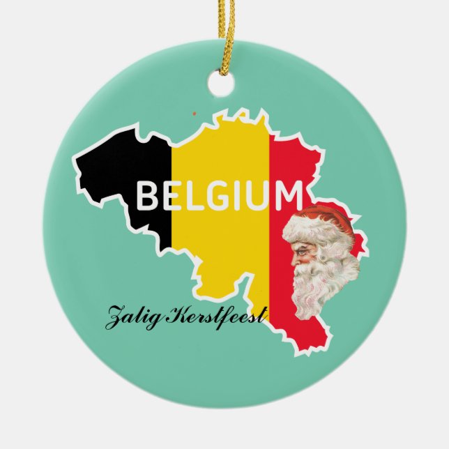 Belgium Map, Flag, Santa and Zalig Kerstfeest Ceramic Ornament (Front)