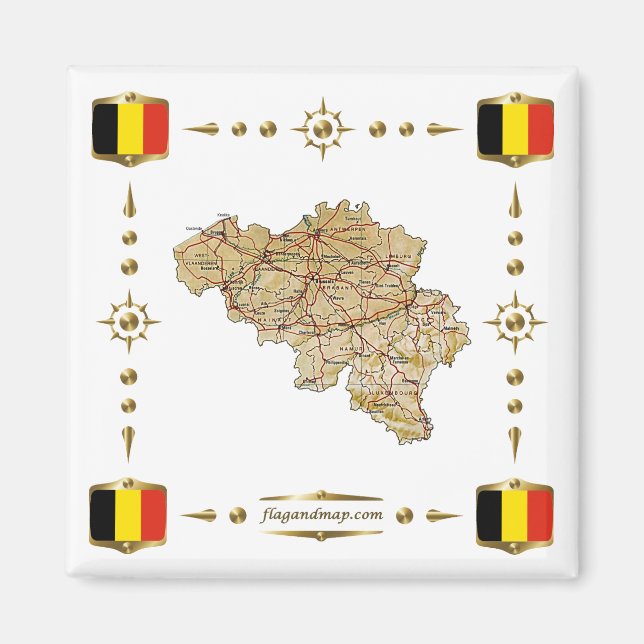 Belgium Map + Flags Magnet (Front)