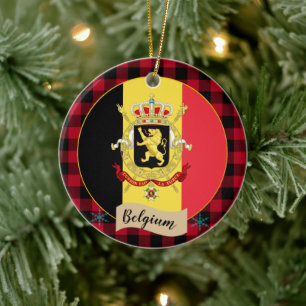 Belgium, Red buffalo plaid & Belgian Flag Ceramic Ornament