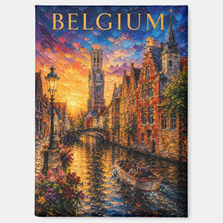 Belgium: Romantic Sunset Bruges Canal Art Souvenir Magnet