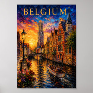 Belgium: Romantic Sunset Bruges Canal Art Souvenir Poster