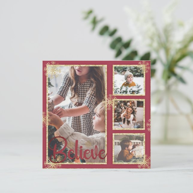 Believe 4 Photo Snowflakes Christmas Holiday Card (Standing Front)