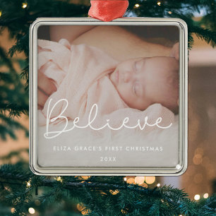 Believe Baby's first Christmas Cute Photo Metal Ornament