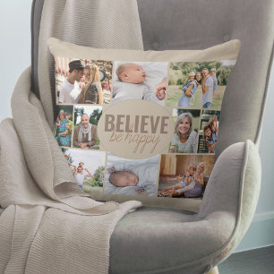 Believe Be Happy 10 Photo Collage Neutral Beige Cushion