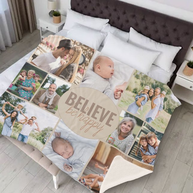 Believe Be Happy Quote 10 Photo Neutral Beige Sherpa Blanket (Creator Uploaded)