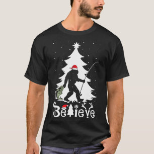 Believe Bigfoot Fishing Christmas T-Shirt