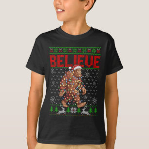 Believe Bigfoot Santa Ugly Christmas Tree Lights S T-Shirt