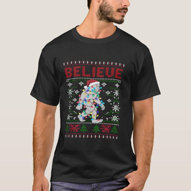 Believe Bigfoot Santa Ugly Christmas Tree Lights S T-Shirt (Front)