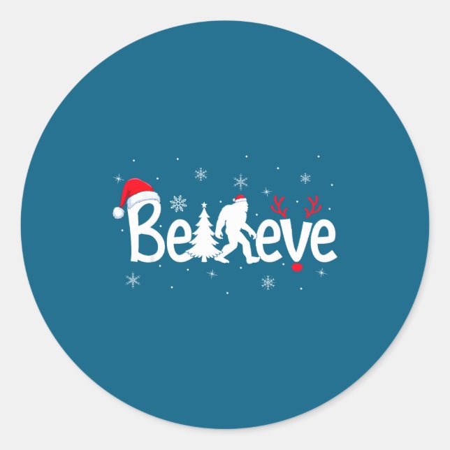 Believe Bigfoot Sasquatch Reindeer Santa Hat Merry Classic Round Sticker (Front)