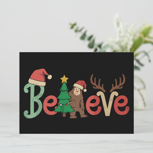 Believe Bigfoot Sasquatch Santa Reindeer Christmas Holiday Card (Standing Front)