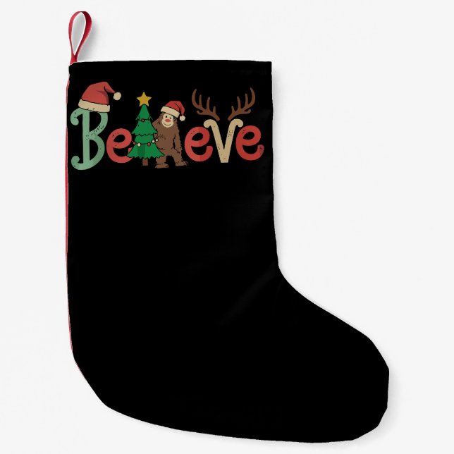 Believe Bigfoot Sasquatch Santa Reindeer Christmas Small Christmas Stocking (Front)