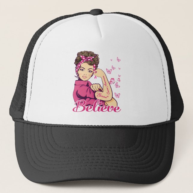 Believe Breast Cancer Warrior T-Shirt Womens Trucker Hat (Front)