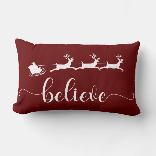 Believe | Burgundy Christmas Holiday Lumbar Cushion (Front)