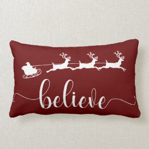 Believe   Burgundy Christmas Holiday Lumbar Cushion