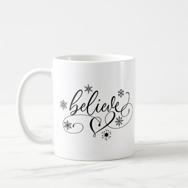 Believe Calligraphy Christmas Coffee Mug (Left)