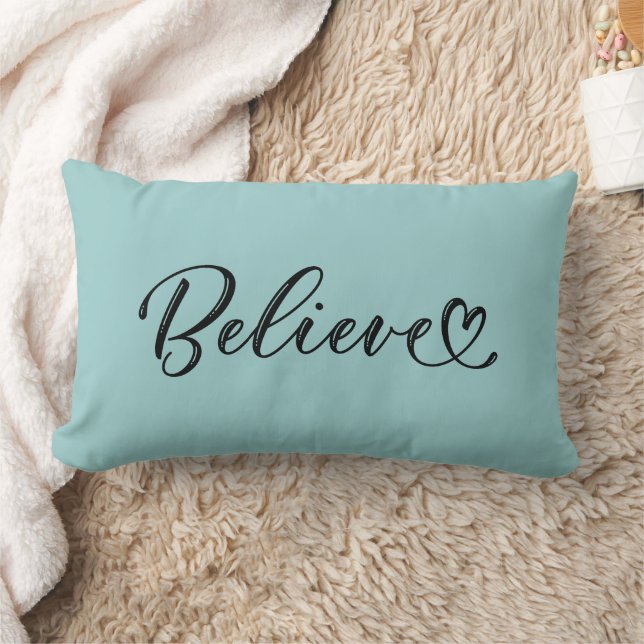 Believe Calligraphy With Name & Date Teal Lumbar Cushion (Blanket)