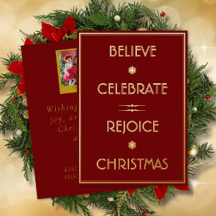 Believe Celebrate Rejoice Christmas Typography Foil Holiday Card