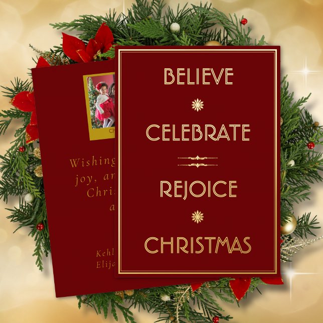 Believe Celebrate Rejoice Christmas Typography Foil Holiday Card (Creator Uploaded)