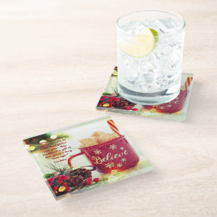 Believe Christmas Beverage Glass Coaster Saying