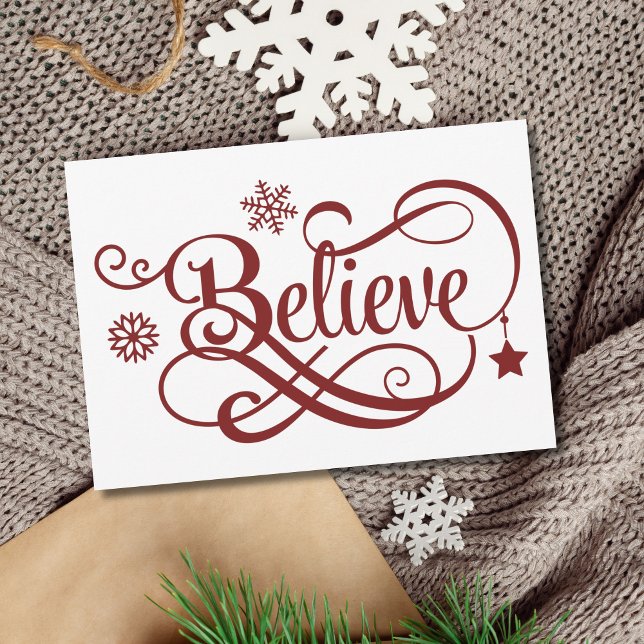 Believe Christmas Card Red Snowflakes Stars (Believe Christmas Card Personalize your own message. Printed or digital instant download)
