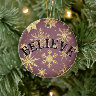 Believe Christmas Elegant Golden Snowflakes Ceramic Ornament