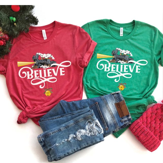 BELIEVE Christmas Express Train Matching Family Dk T-Shirt (Red & Green, gold, Believe swirl script Christmas Express Train T-shirt, North Polar, Santa, sweater)