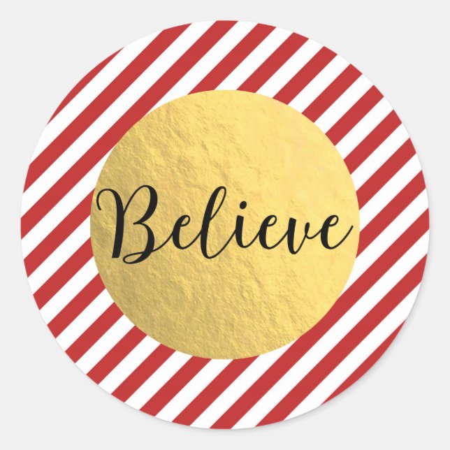 Believe Christmas Holiday Red Stripes Gold Foil Classic Round Sticker (Front)