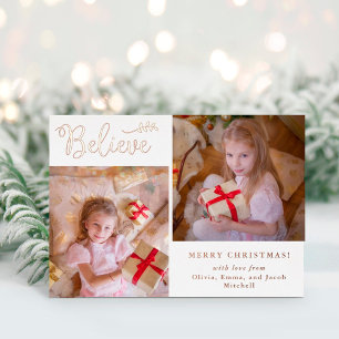 Believe Christmas Photo Collage Rose Gold Foil Holiday Card