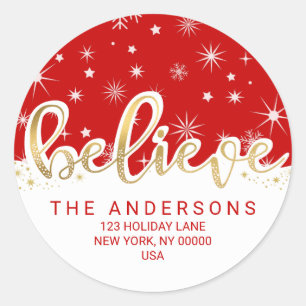 Believe Christmas Red Gold Script Return Address Classic Round Sticker