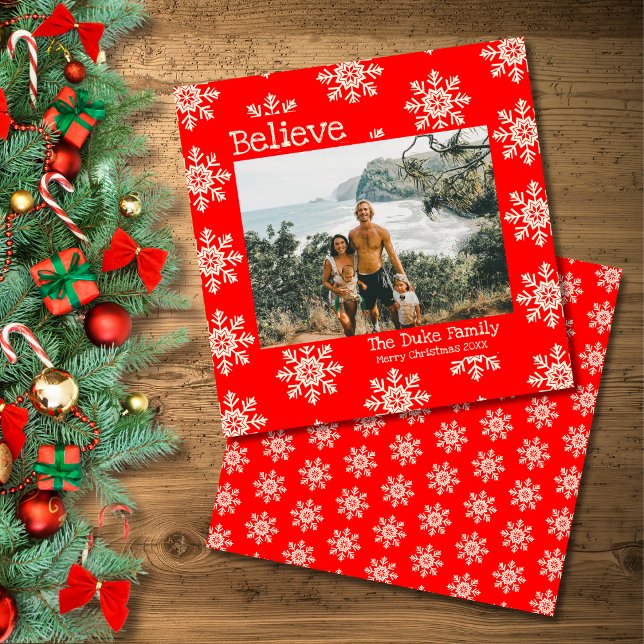 Believe Christmas Red Snowflakes Family Photo (Creator Uploaded)