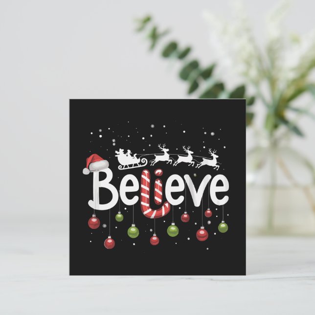 Believe Christmas Santa Claus Reindeer Candy Cane  Holiday Card (Standing Front)