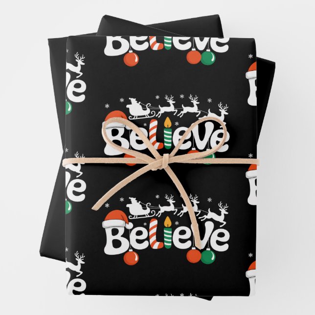 Believe Christmas Santa Sleigh Reindeer Candy Cane Wrapping Paper Sheet (In situ)