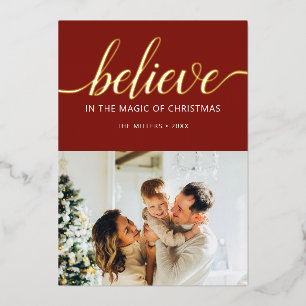 Believe Christmas Script Photo Red Foil Holiday Card