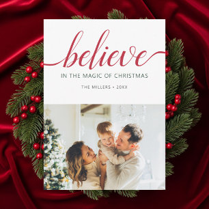 Believe Christmas Script Photo White Holiday Card