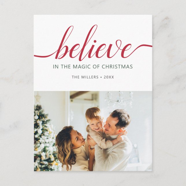 Believe Christmas Script White Photo Holiday Postcard (Front)