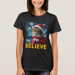 Believe Christmas Shirt Starry Night Van Gogh Cat 