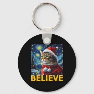 Believe Christmas Shirt Starry Night Van Gogh Cat Key Ring