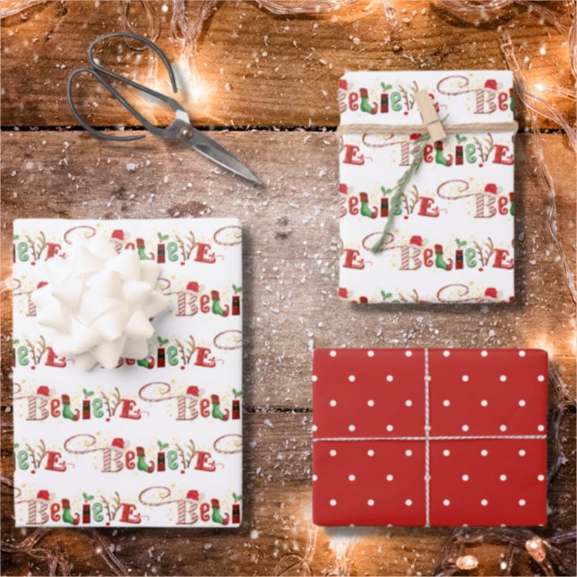 BELIEVE Christmas Spirit Festive Cute Typography Wrapping Paper Sheet (Creator Uploaded)