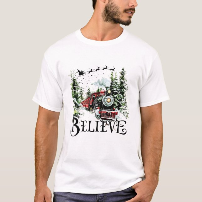 Believe Christmas Train | Vintage Holiday Steam T-Shirt (Front)